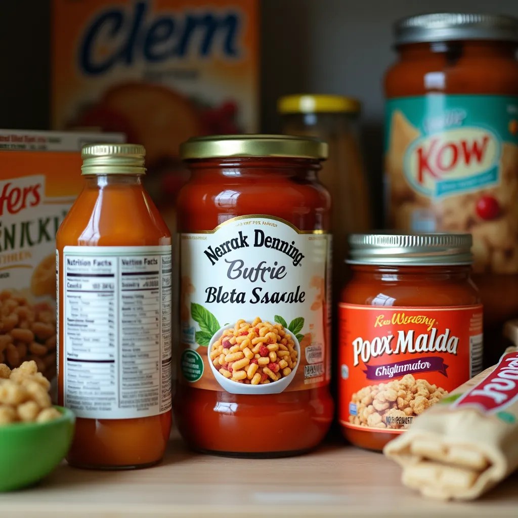 Divers aliments transformés avec des étiquettes nutritionnelles